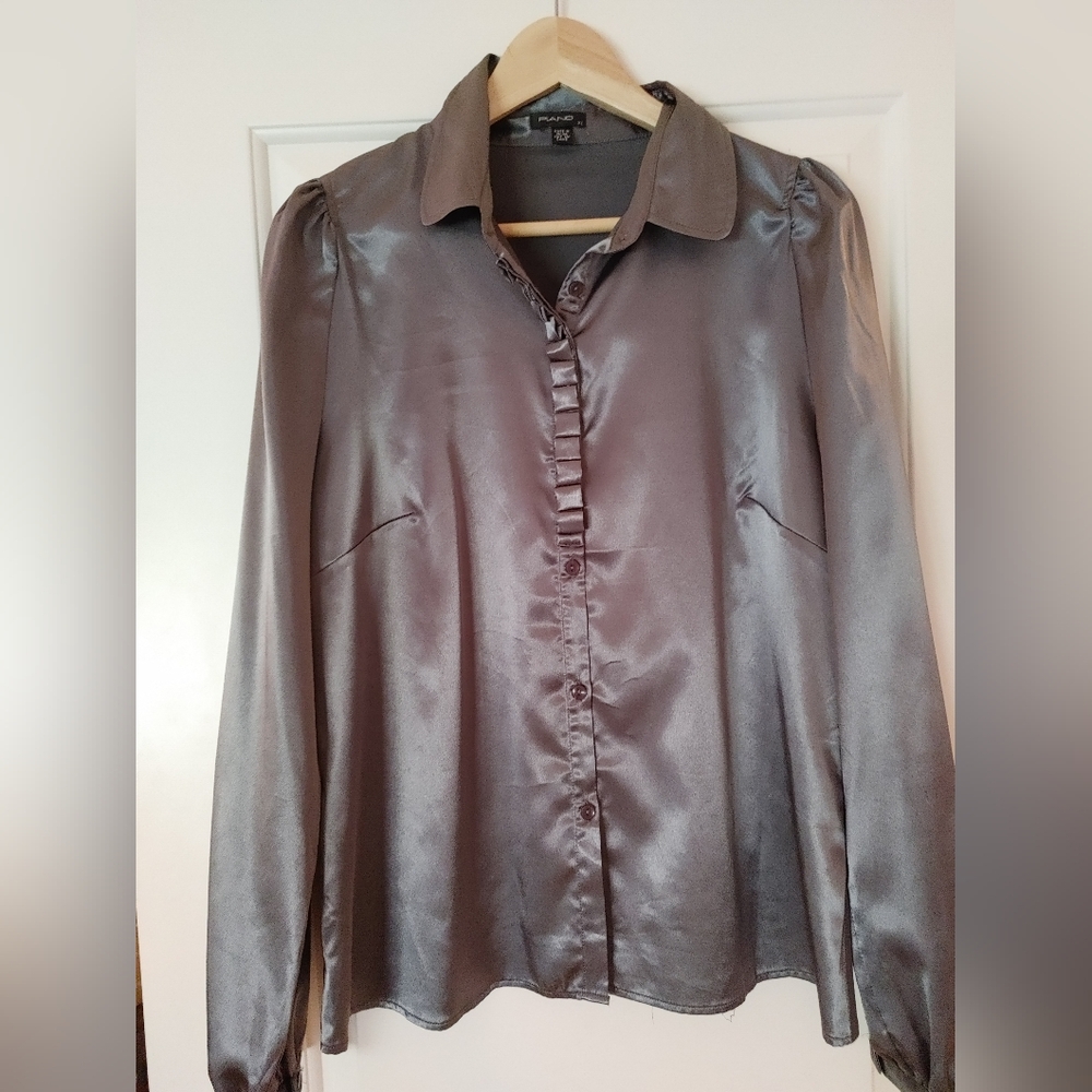 ✨Piano Dark Silver Grey Satin Long Sleeve Blouse ~ Size XL